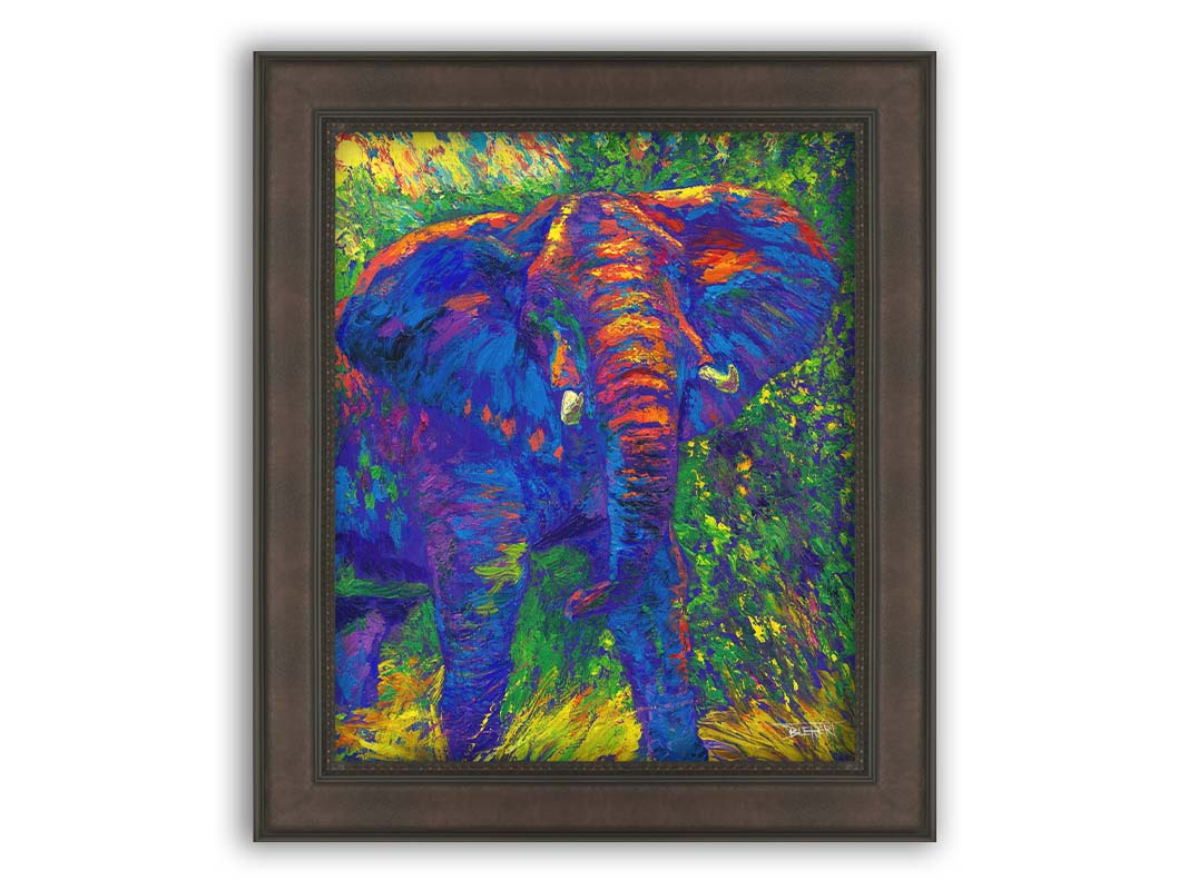 A painting of an elephant created using bright, arbitrary colors. Visible palette knife and brushstrokes add texture and movement to the portrait. Printed on canvas.