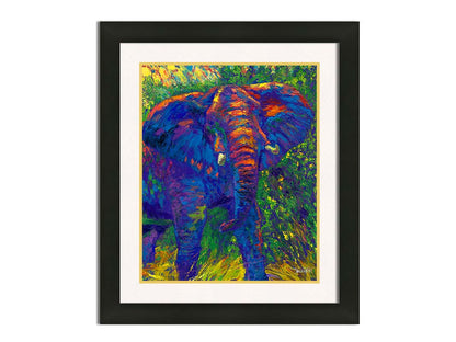 A painting of an elephant created using bright, arbitrary colors. Visible palette knife and brushstrokes add texture and movement to the portrait. Printed on paper, matted, and framed.