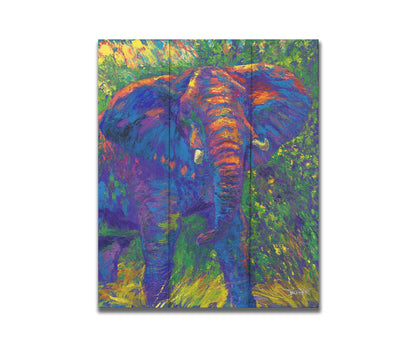 A painting of an elephant created using bright, arbitrary colors. Visible palette knife and brushstrokes add texture and movement to the portrait. Printed on a box board.