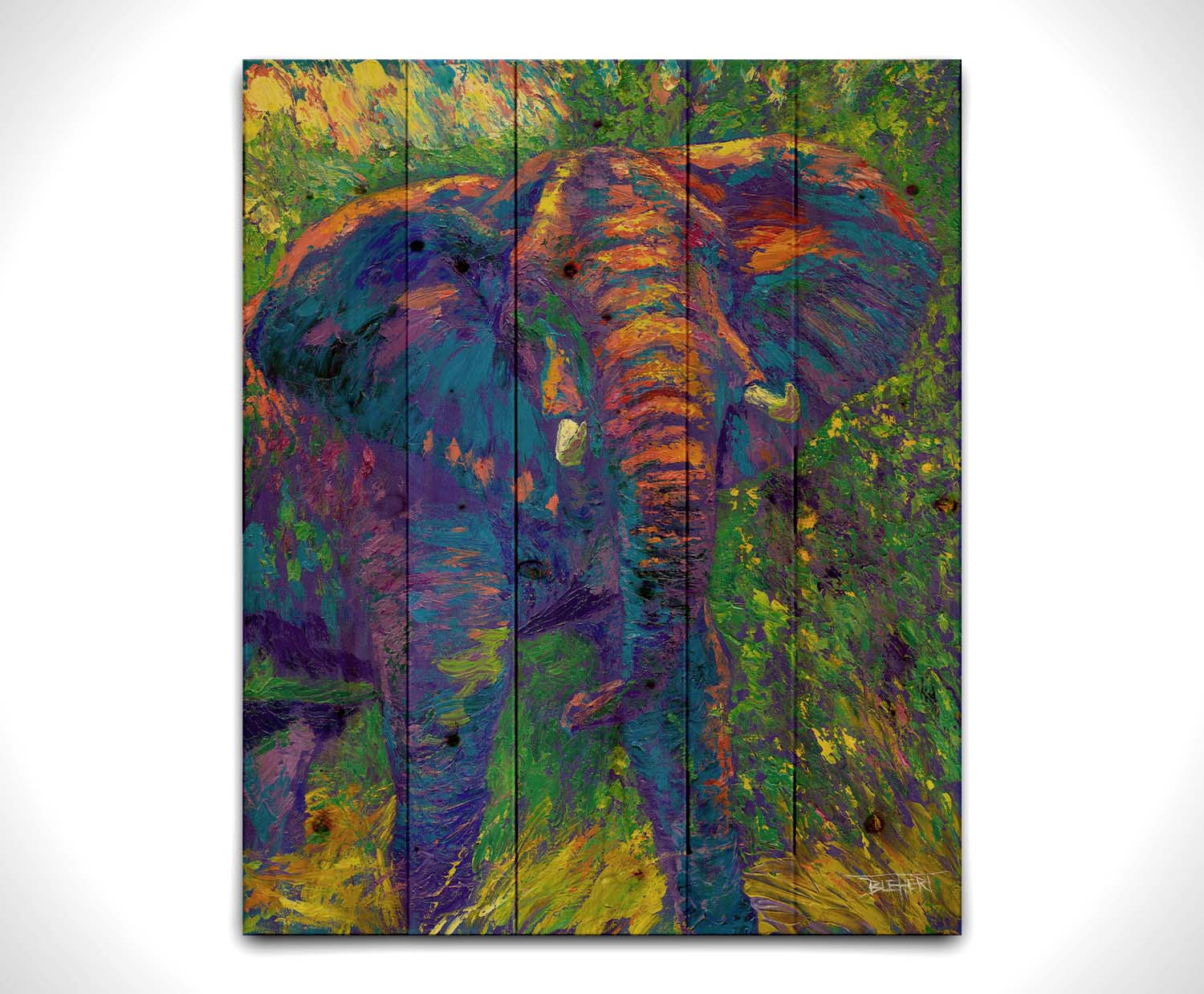 A painting of an elephant created using bright, arbitrary colors. Visible palette knife and brushstrokes add texture and movement to the portrait. Printed on a wood pallet.