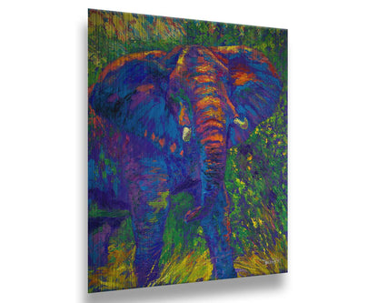 A painting of an elephant created using bright, arbitrary colors. Visible palette knife and brushstrokes add texture and movement to the portrait. Printed on metal.