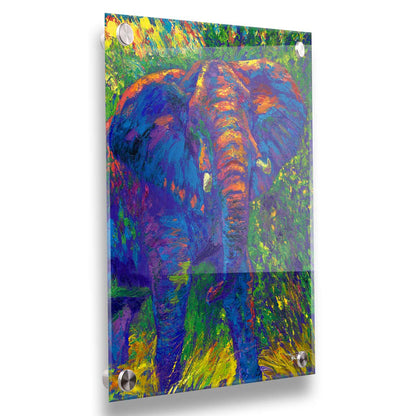 A painting of an elephant created using bright, arbitrary colors. Visible palette knife and brushstrokes add texture and movement to the portrait. Printed on acrylic.