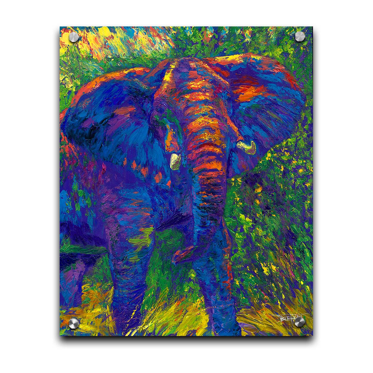 A painting of an elephant created using bright, arbitrary colors. Visible palette knife and brushstrokes add texture and movement to the portrait. Printed on acrylic.