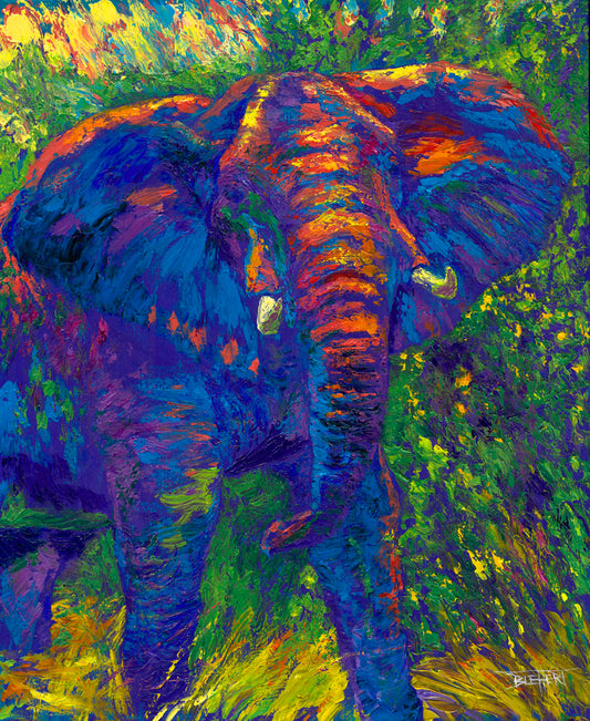 A painting of an elephant created using bright, arbitrary colors. Visible palette knife and brushstrokes add texture and movement to the portrait.
