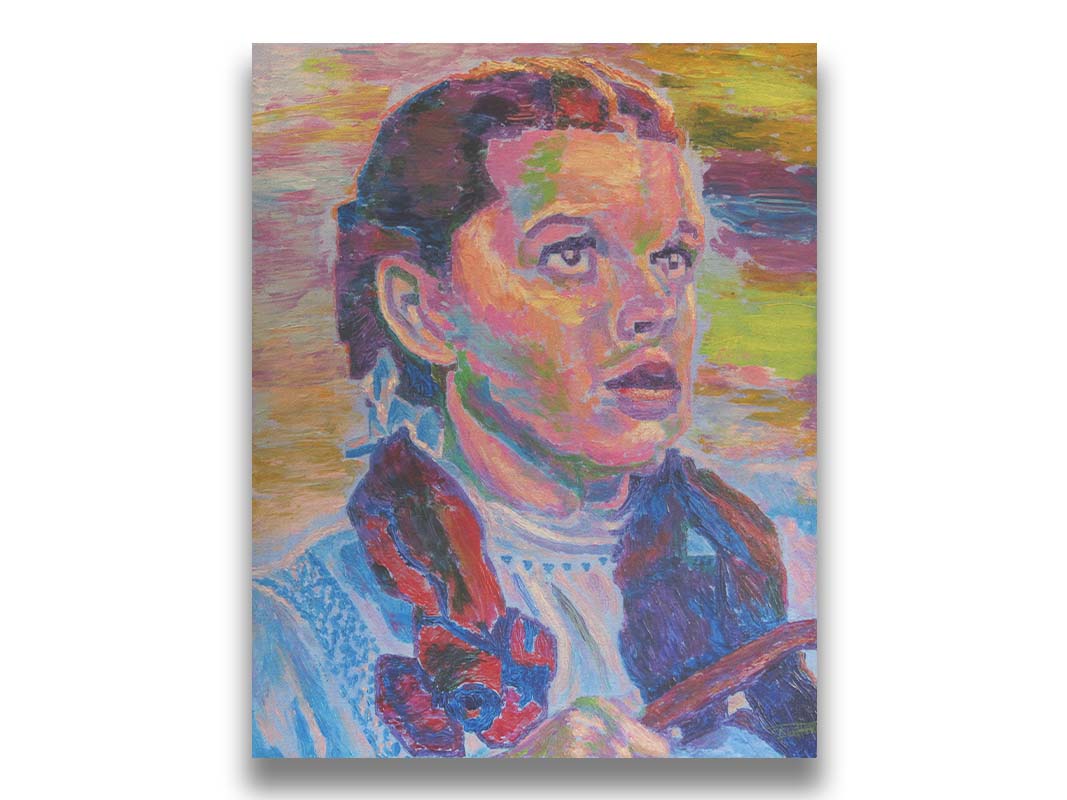 A portrait of actress Judy Garland as Dorothy in The Wizard of Oz, with loose visible brushstrokes and accents of arbitrary color inspired by post-impressionist art. Printed on canvas.