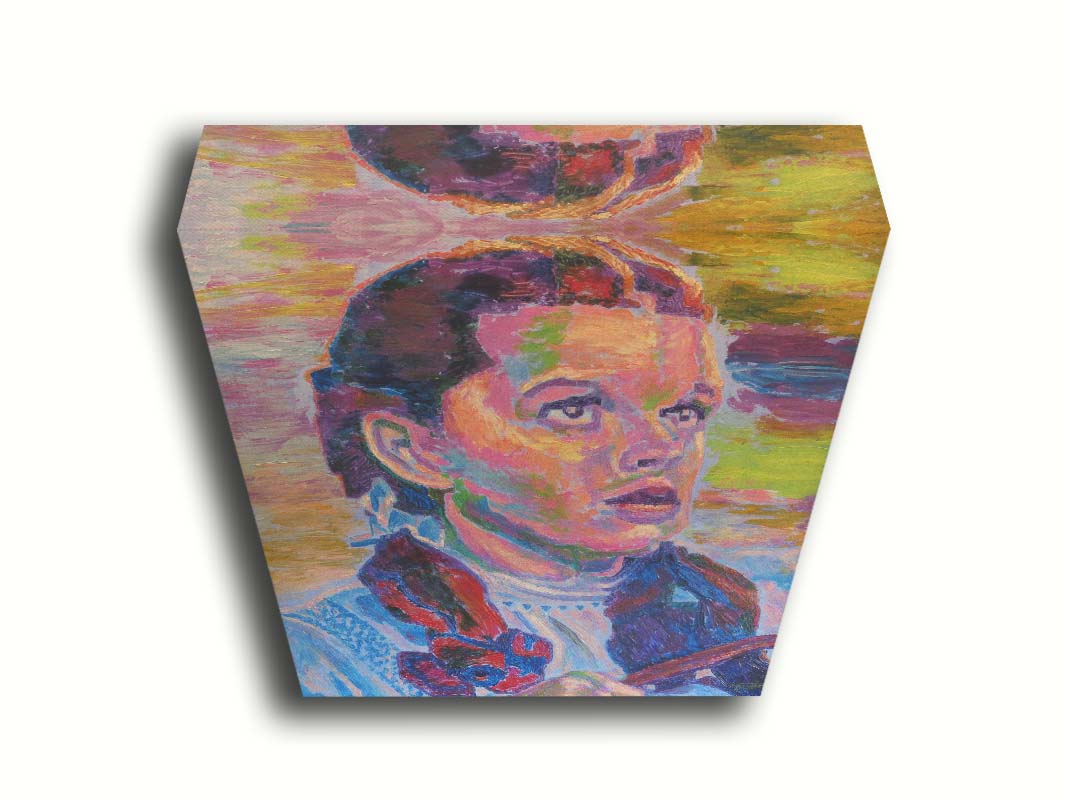 A portrait of actress Judy Garland as Dorothy in The Wizard of Oz, with loose visible brushstrokes and accents of arbitrary color inspired by post-impressionist art. Printed on canvas.