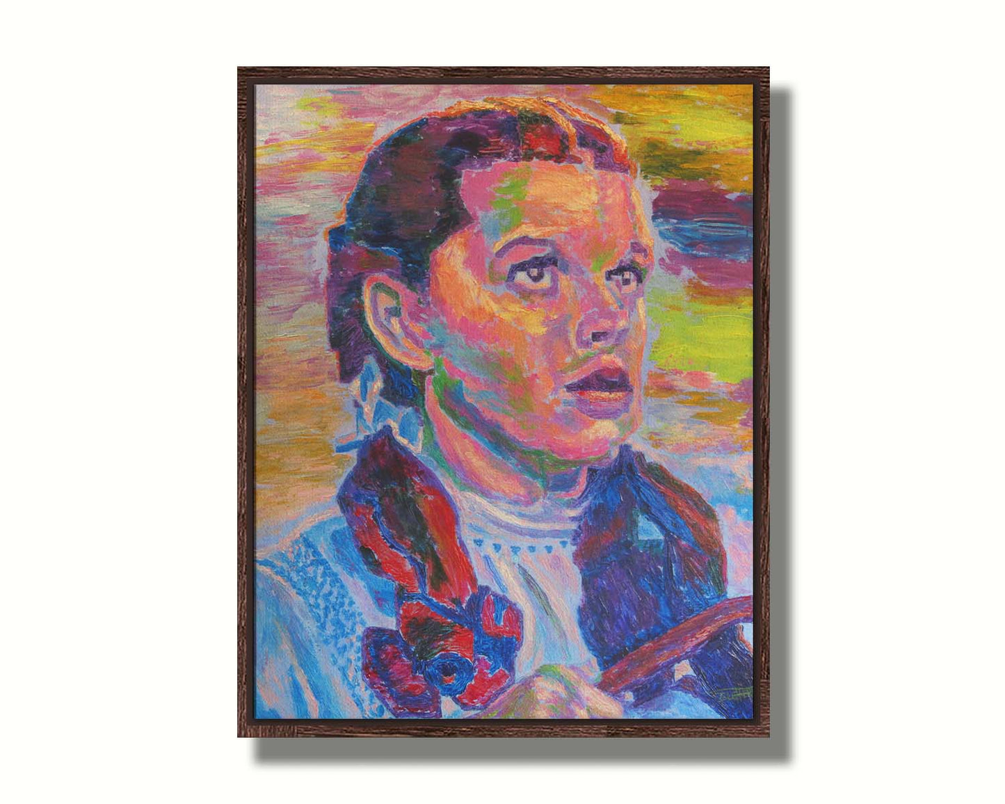 A portrait of actress Judy Garland as Dorothy in The Wizard of Oz, with loose visible brushstrokes and accents of arbitrary color inspired by post-impressionist art. Printed on canvas in a float frame.