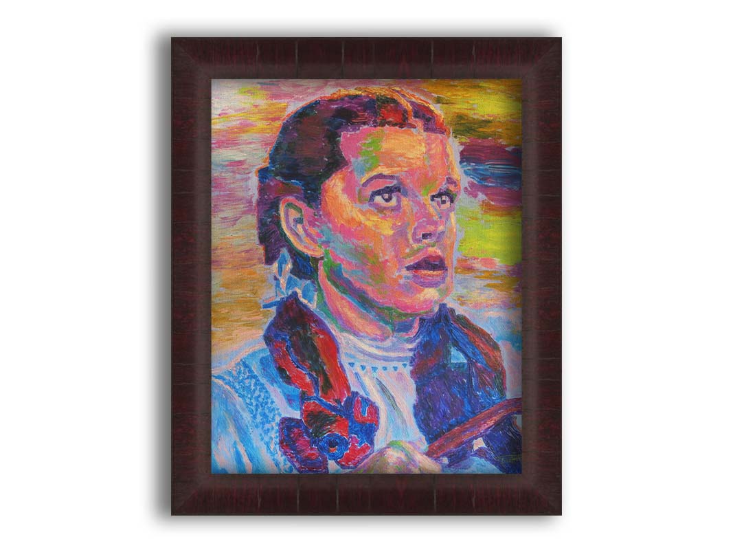 A portrait of actress Judy Garland as Dorothy in The Wizard of Oz, with loose visible brushstrokes and accents of arbitrary color inspired by post-impressionist art. Printed on canvas and framed.