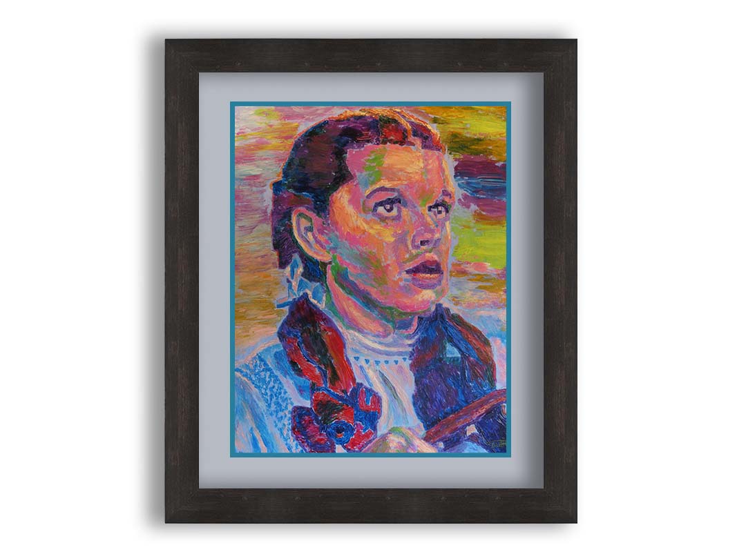 A portrait of actress Judy Garland as Dorothy in The Wizard of Oz, with loose visible brushstrokes and accents of arbitrary color inspired by post-impressionist art. Printed on paper, matted, and framed.