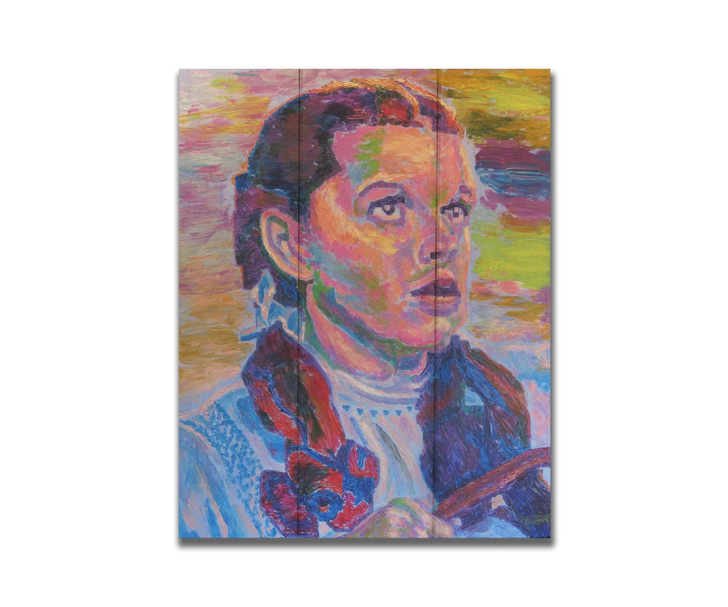 A portrait of actress Judy Garland as Dorothy in The Wizard of Oz, with loose visible brushstrokes and accents of arbitrary color inspired by post-impressionist art. Printed on a box board.