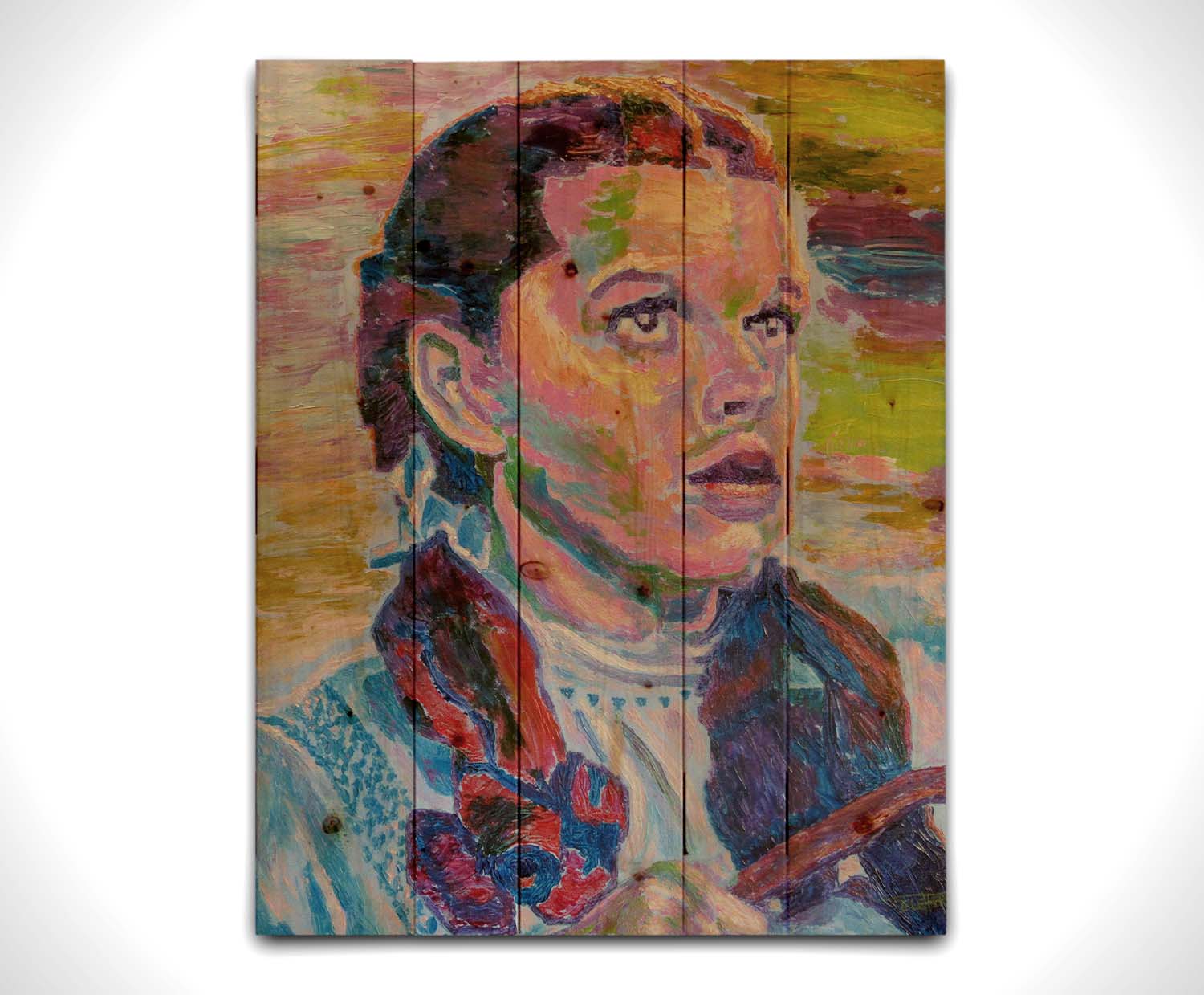 A portrait of actress Judy Garland as Dorothy in The Wizard of Oz, with loose visible brushstrokes and accents of arbitrary color inspired by post-impressionist art. Printed on a wood palelt.