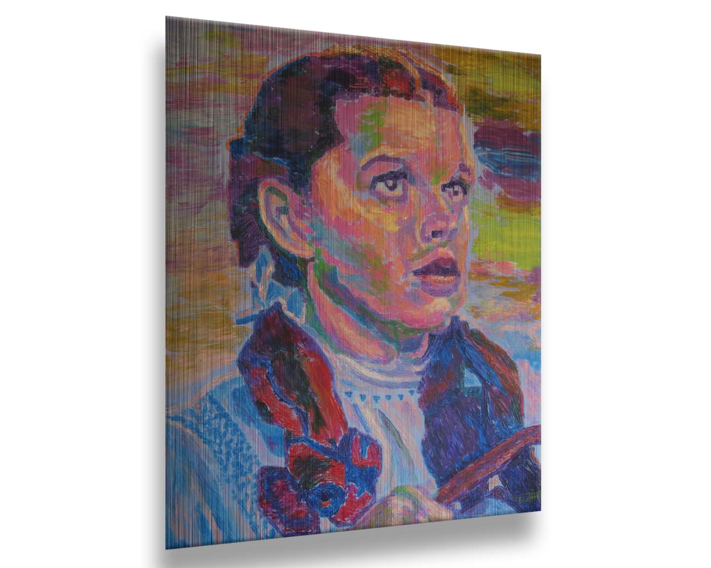 A portrait of actress Judy Garland as Dorothy in The Wizard of Oz, with loose visible brushstrokes and accents of arbitrary color inspired by post-impressionist art. Printed on metal.