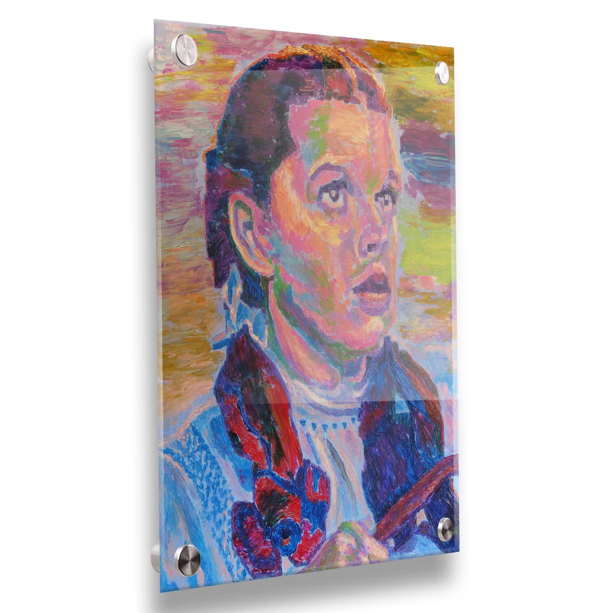 A portrait of actress Judy Garland as Dorothy in The Wizard of Oz, with loose visible brushstrokes and accents of arbitrary color inspired by post-impressionist art. Printed on acrylic.