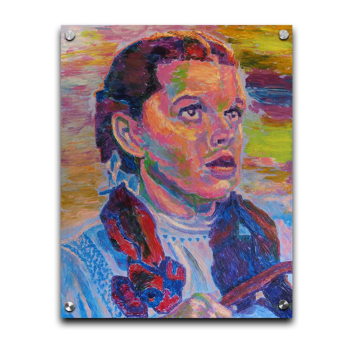 A portrait of actress Judy Garland as Dorothy in The Wizard of Oz, with loose visible brushstrokes and accents of arbitrary color inspired by post-impressionist art. Printed on acrylic.