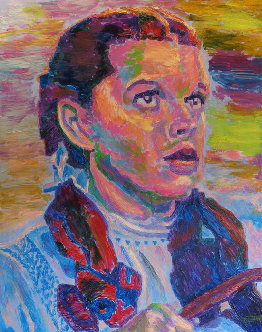 A portrait of actress Judy Garland as Dorothy in The Wizard of Oz, with loose visible brushstrokes and accents of arbitrary color inspired by post-impressionist art.