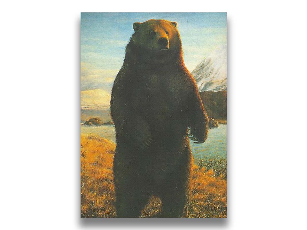 A portrait painting of a brown bear standing on its back legs in a yellow field, next to a lake and mountain range. Printed on canvas.