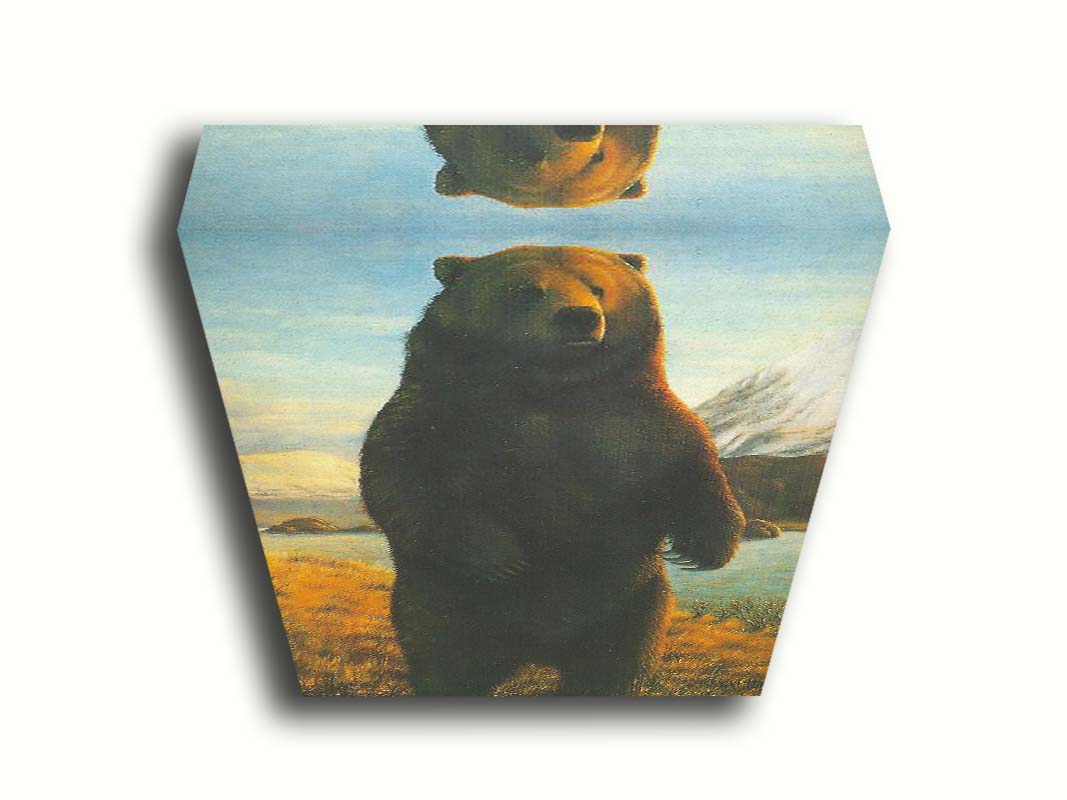 A portrait painting of a brown bear standing on its back legs in a yellow field, next to a lake and mountain range. Printed on canvas.