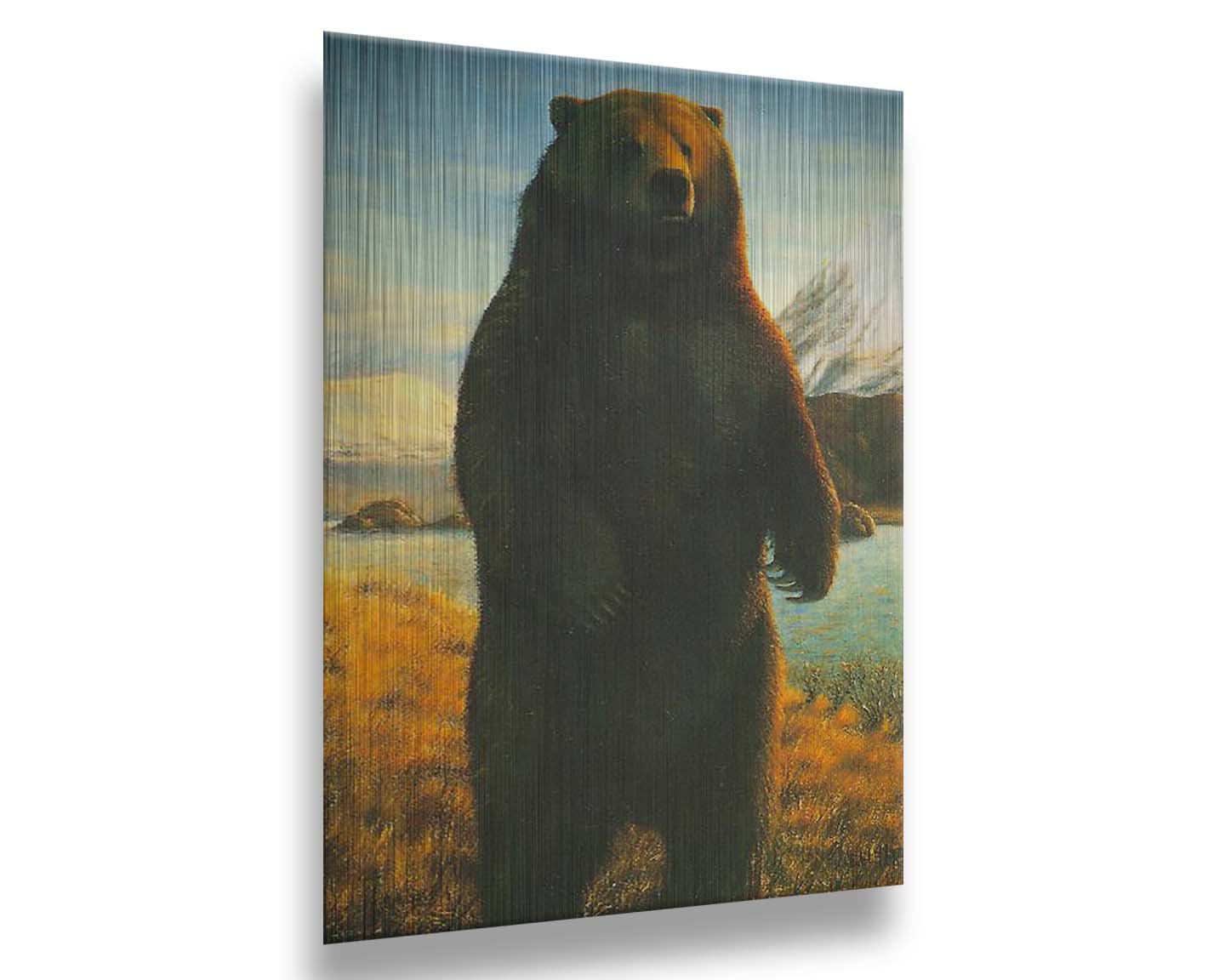 A portrait painting of a brown bear standing on its back legs in a yellow field, next to a lake and mountain range. Printed on metal.