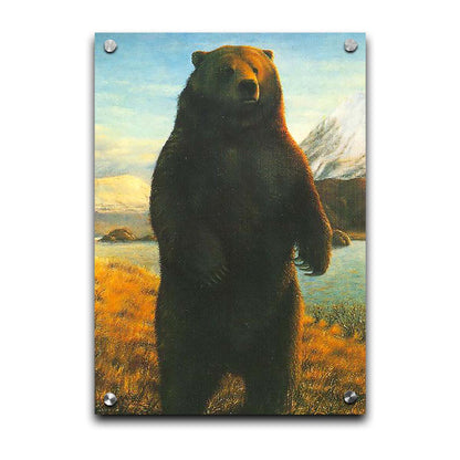 A portrait painting of a brown bear standing on its back legs in a yellow field, next to a lake and mountain range. Printed on acrylic.