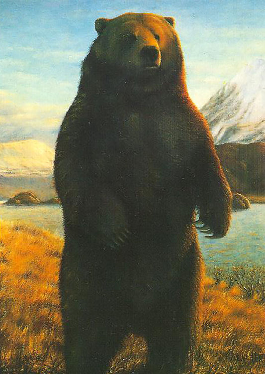 A portrait painting of a brown bear standing on its back legs in a yellow field, next to a lake and mountain range. 