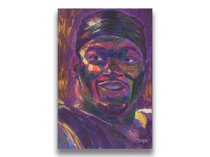 A portrait of American football team Minnesota Vikings' running back Adrian Peterson, created in a purple and yellow color palette reminiscent of the team's colors. Printed on canvas.