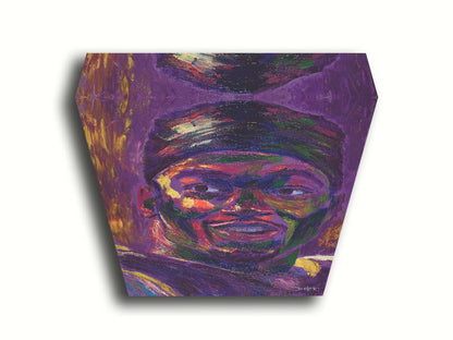 A portrait of American football team Minnesota Vikings' running back Adrian Peterson, created in a purple and yellow color palette reminiscent of the team's colors. Printed on canvas.