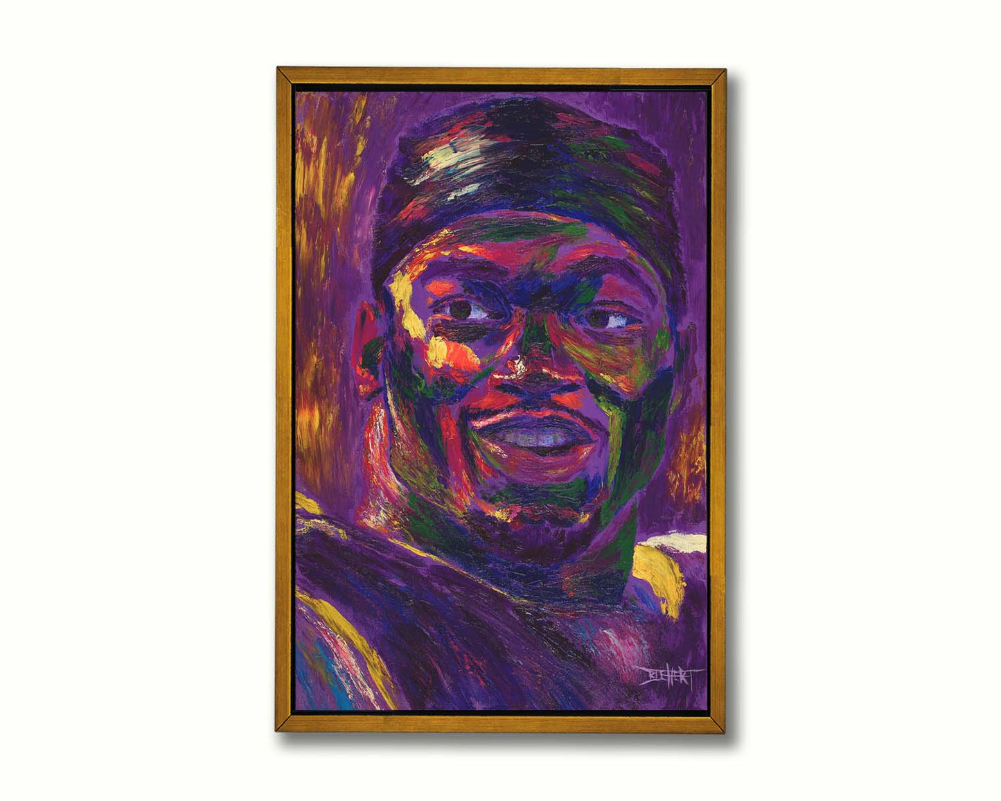 A portrait of American football team Minnesota Vikings' running back Adrian Peterson, created in a purple and yellow color palette reminiscent of the team's colors. Printed on canvas in a float frame.