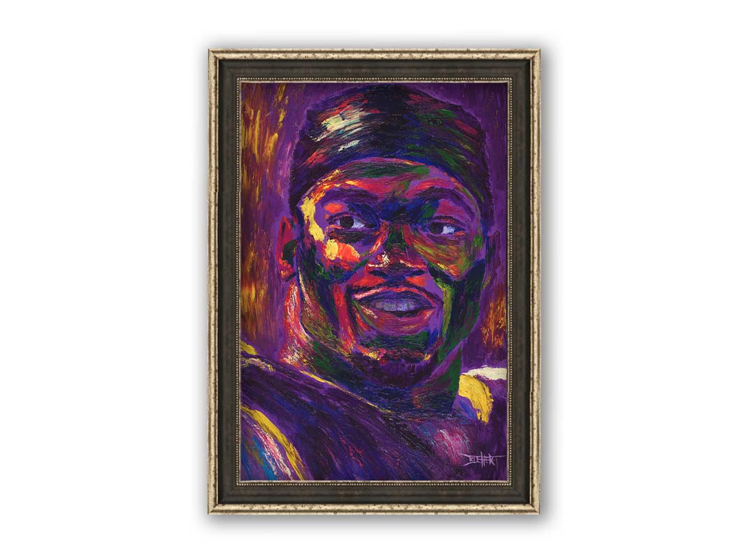 A portrait of American football team Minnesota Vikings' running back Adrian Peterson, created in a purple and yellow color palette reminiscent of the team's colors. Printed on canvas and framed.