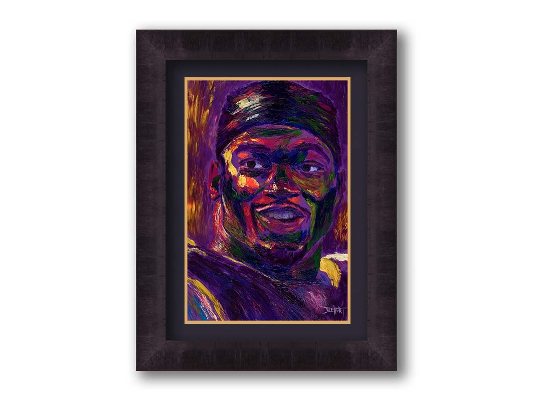 A portrait of American football team Minnesota Vikings' running back Adrian Peterson, created in a purple and yellow color palette reminiscent of the team's colors. Printed on paper, matted, and framed.