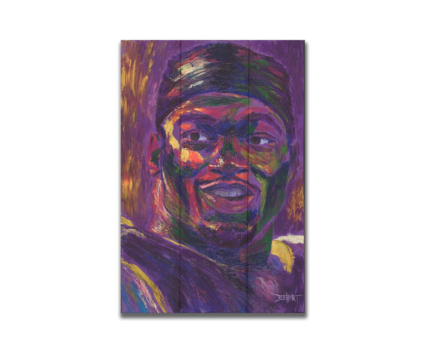 A portrait of American football team Minnesota Vikings' running back Adrian Peterson, created in a purple and yellow color palette reminiscent of the team's colors. Printed on a box board.