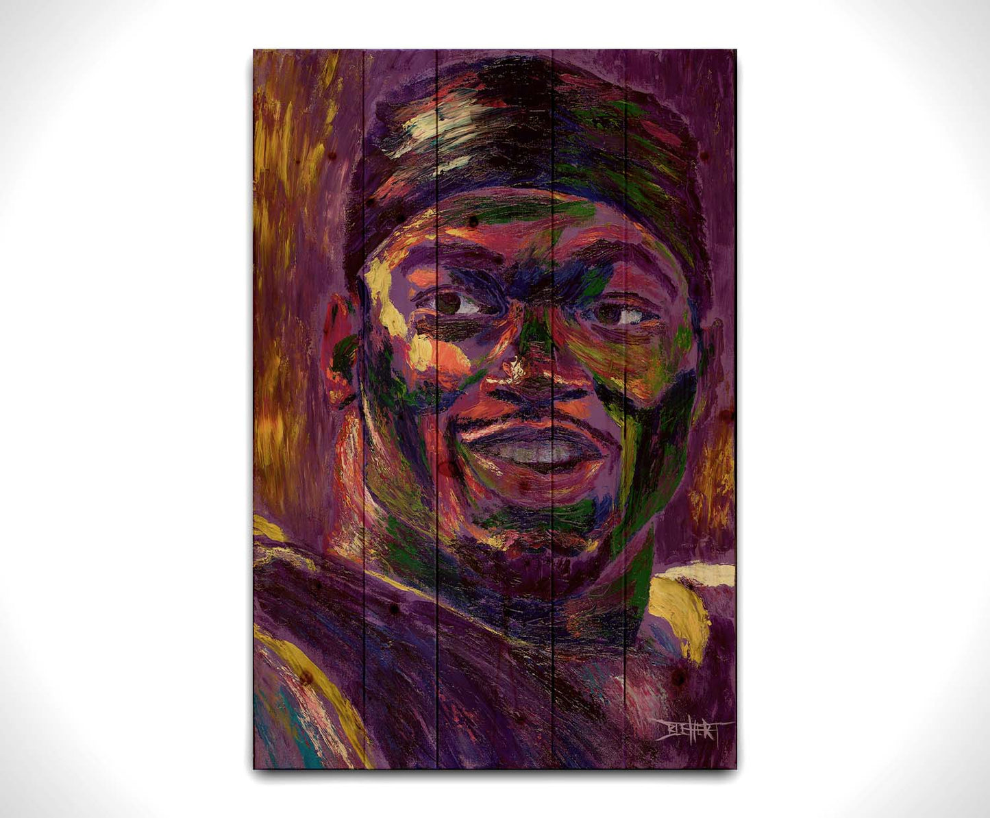 A portrait of American football team Minnesota Vikings' running back Adrian Peterson, created in a purple and yellow color palette reminiscent of the team's colors. Printed on a wood pallet.