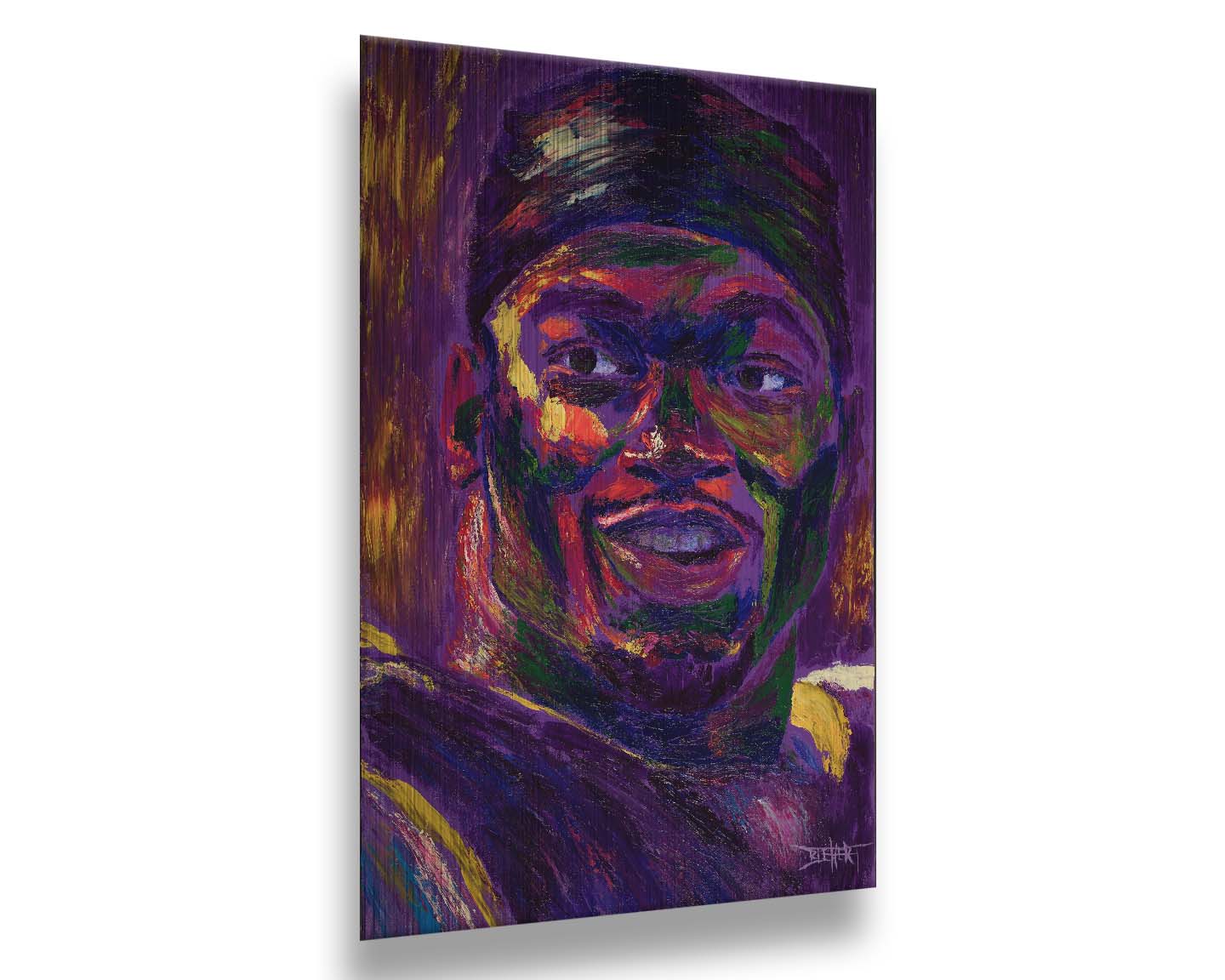 A portrait of American football team Minnesota Vikings' running back Adrian Peterson, created in a purple and yellow color palette reminiscent of the team's colors. Printed on metal.