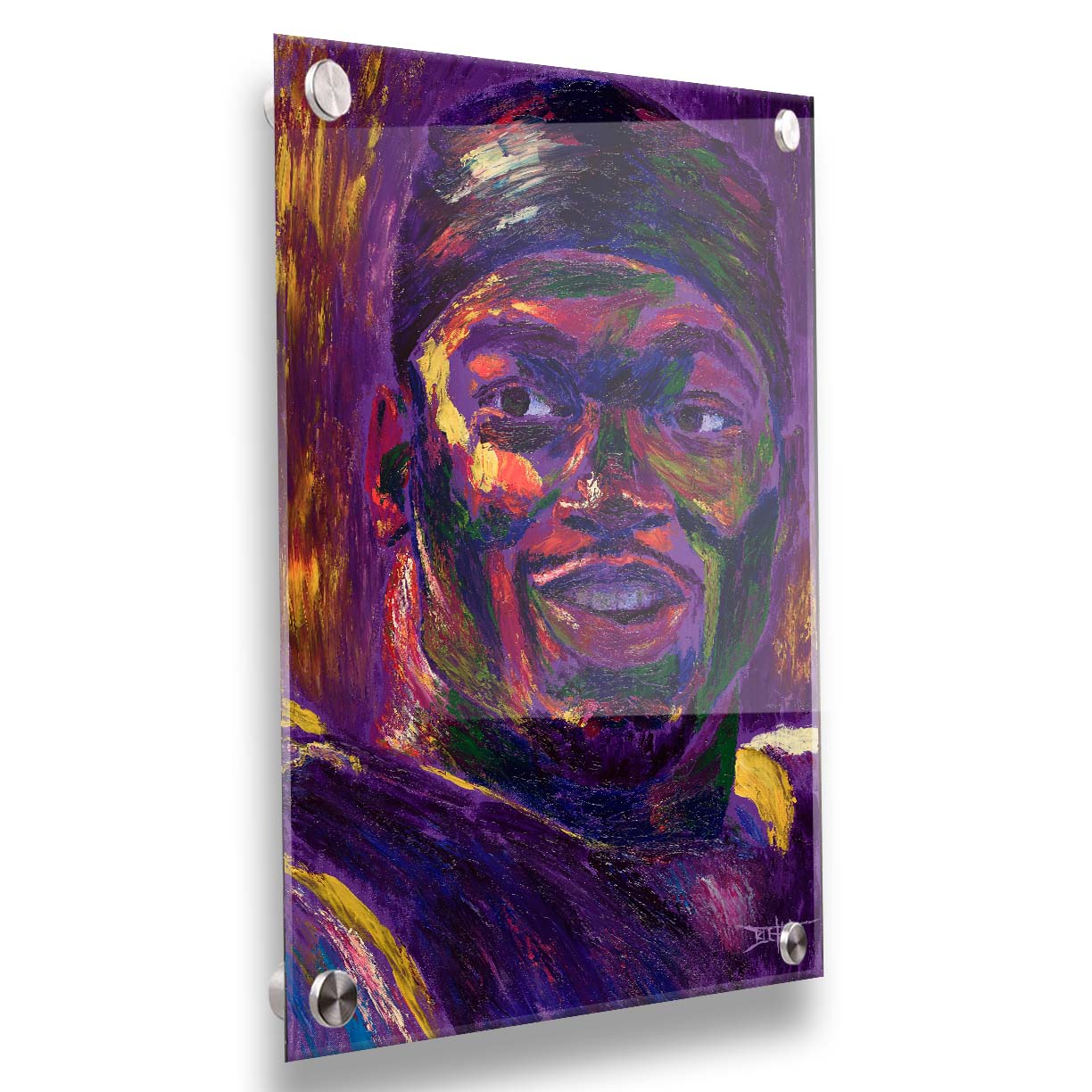 A portrait of American football team Minnesota Vikings' running back Adrian Peterson, created in a purple and yellow color palette reminiscent of the team's colors. Printed on acrylic.