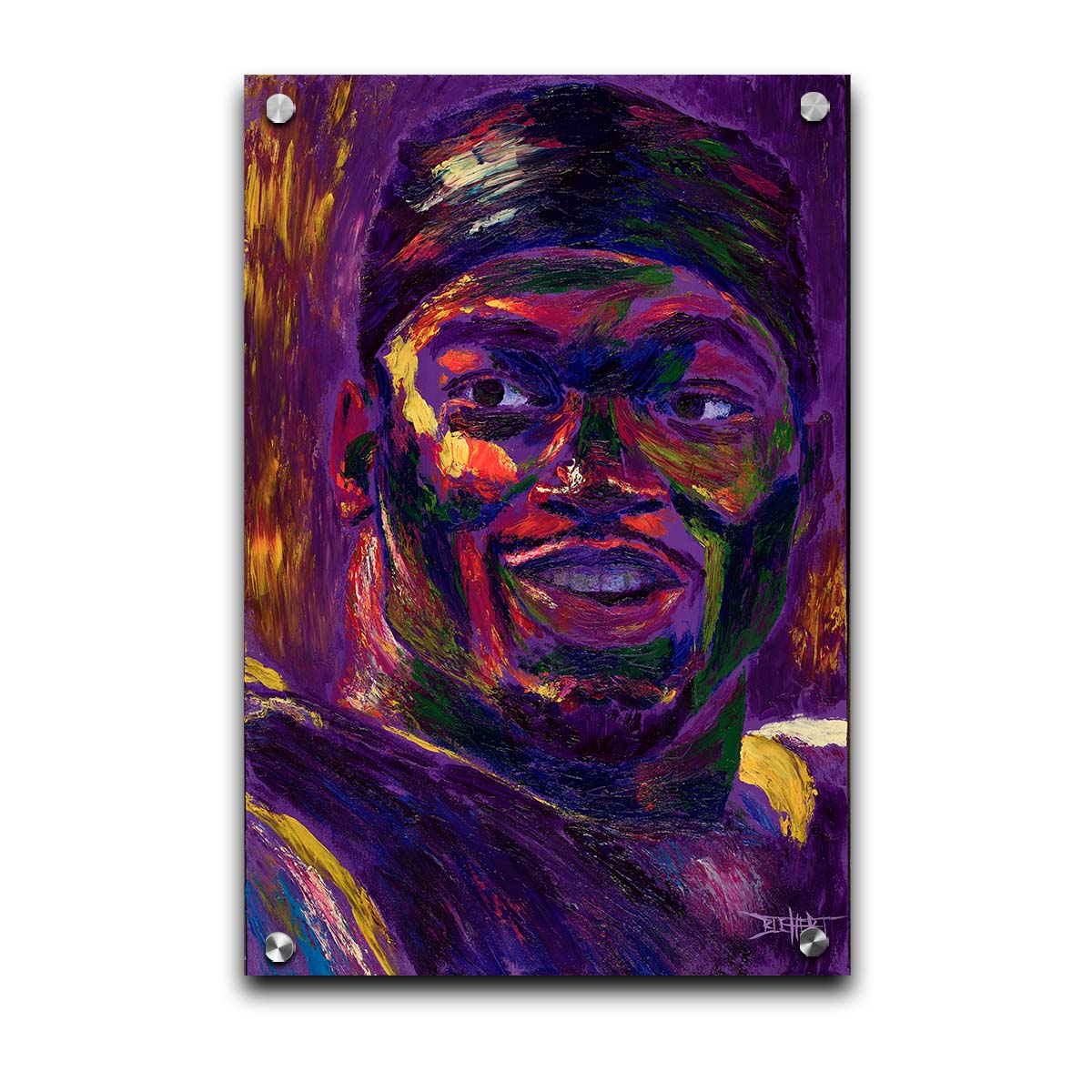 A portrait of American football team Minnesota Vikings' running back Adrian Peterson, created in a purple and yellow color palette reminiscent of the team's colors. Printed on acrylic.