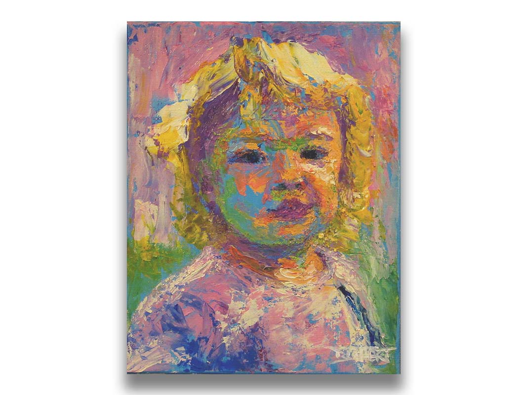 A portrait painting of a little girl with blonde, curly hair. Created with visible palette knife and brushstrokes, with accents of arbitrary color. Printed on canvas.