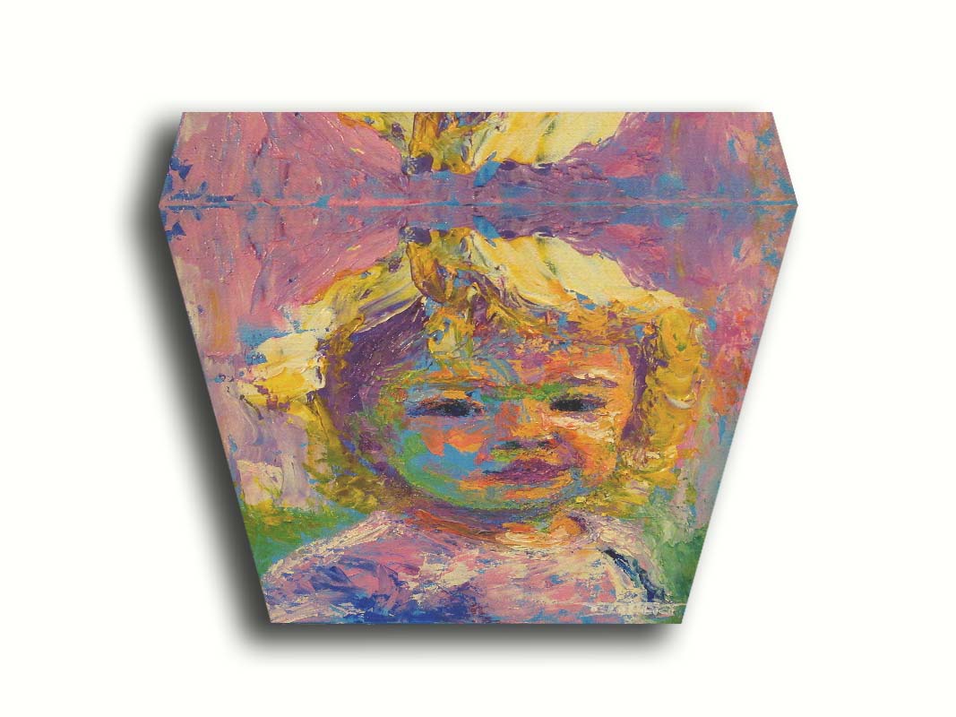 A portrait painting of a little girl with blonde, curly hair. Created with visible palette knife and brushstrokes, with accents of arbitrary color. Printed on canvas.