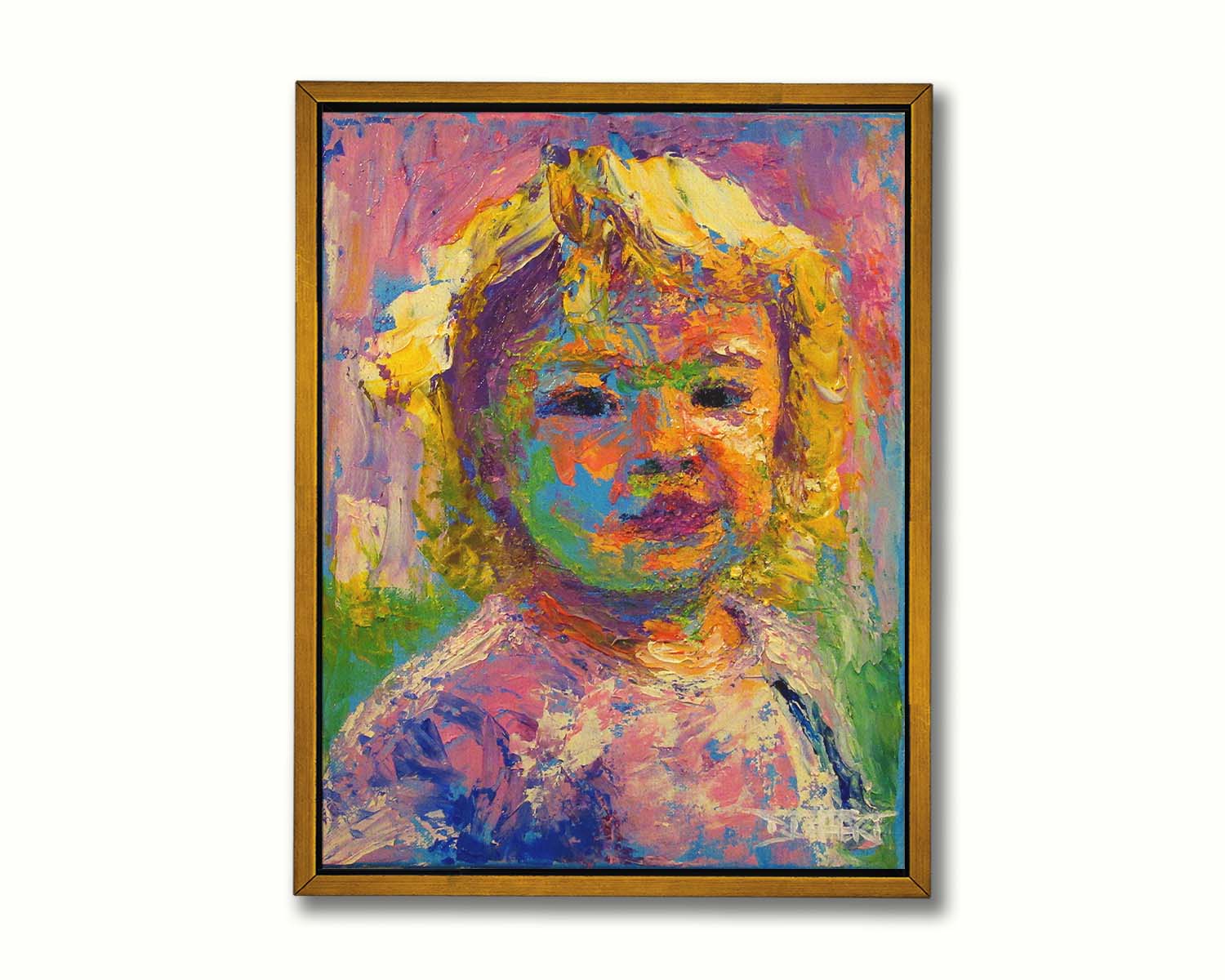 A portrait painting of a little girl with blonde, curly hair. Created with visible palette knife and brushstrokes, with accents of arbitrary color. Printed on canvas in a float frame.