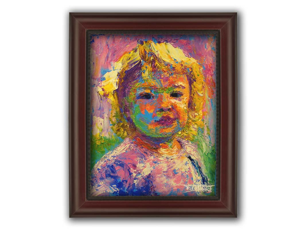 A portrait painting of a little girl with blonde, curly hair. Created with visible palette knife and brushstrokes, with accents of arbitrary color. Printed on canvas and framed.