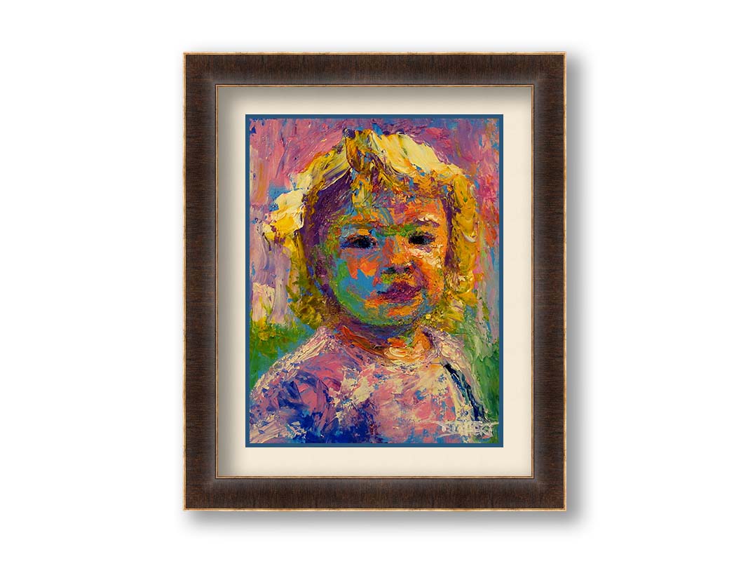 A portrait painting of a little girl with blonde, curly hair. Created with visible palette knife and brushstrokes, with accents of arbitrary color. Printed on paper, matted, and framed.