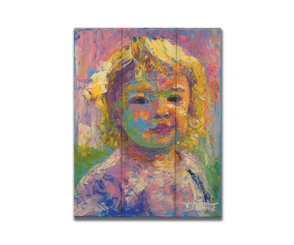 A portrait painting of a little girl with blonde, curly hair. Created with visible palette knife and brushstrokes, with accents of arbitrary color. Printed on a box board.