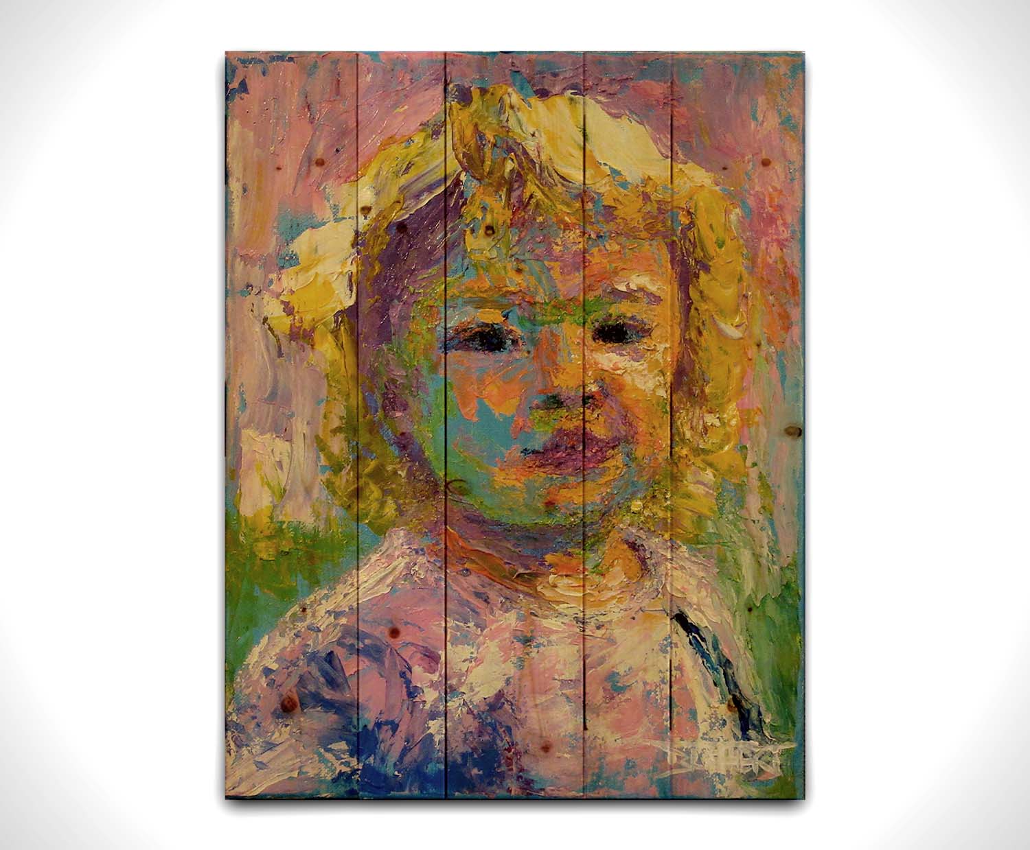 A portrait painting of a little girl with blonde, curly hair. Created with visible palette knife and brushstrokes, with accents of arbitrary color. Printed on a wood pallet.