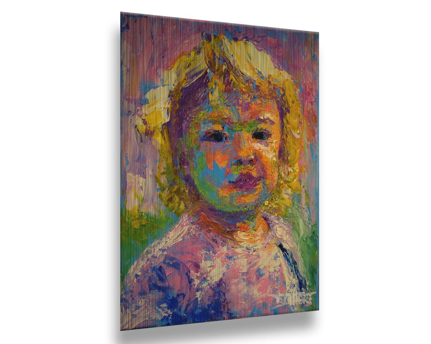 A portrait painting of a little girl with blonde, curly hair. Created with visible palette knife and brushstrokes, with accents of arbitrary color. Printed on metal.