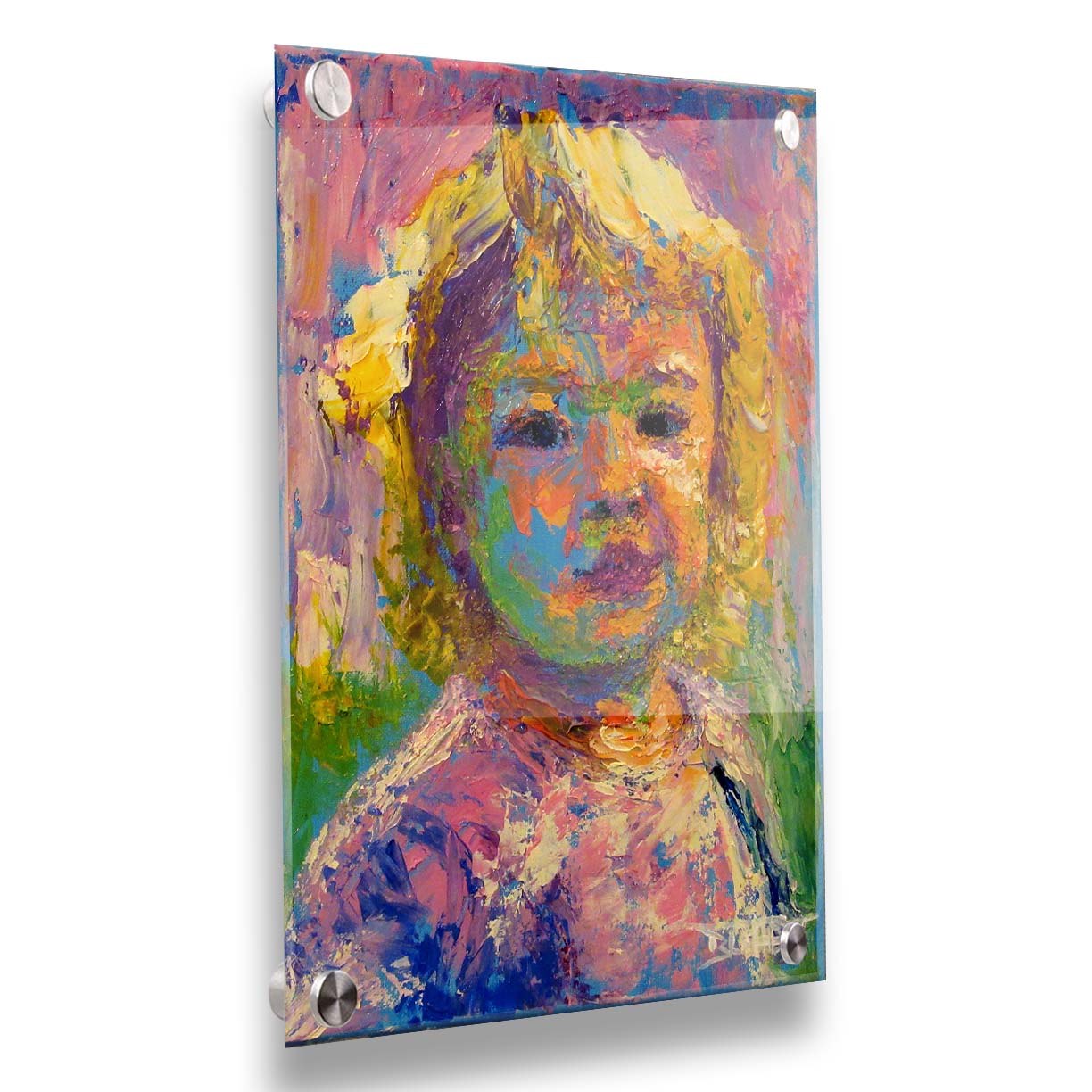 A portrait painting of a little girl with blonde, curly hair. Created with visible palette knife and brushstrokes, with accents of arbitrary color. Printed on acrylic.