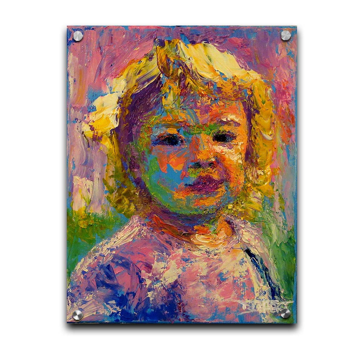 A portrait painting of a little girl with blonde, curly hair. Created with visible palette knife and brushstrokes, with accents of arbitrary color. Printed on acrylic.