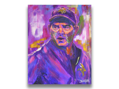 A portrait painting of Mike ZImmer as the head coach of the American football team the Minnesota Vikings. It is painted using a purple palette, the team's uniform color. Printed on canvas.