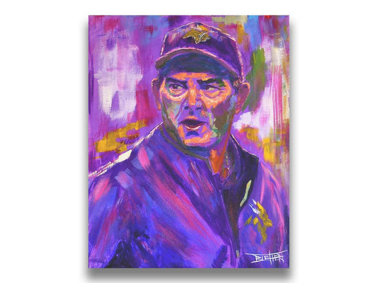 A portrait painting of Mike ZImmer as the head coach of the American football team the Minnesota Vikings. It is painted using a purple palette, the team's uniform color. Printed on canvas.