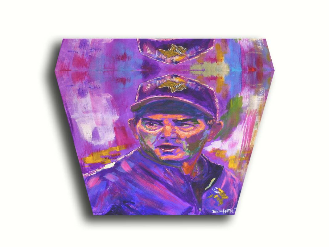 A portrait painting of Mike ZImmer as the head coach of the American football team the Minnesota Vikings. It is painted using a purple palette, the team's uniform color. Printed on canvas.