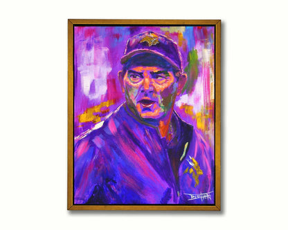 A portrait painting of Mike ZImmer as the head coach of the American football team the Minnesota Vikings. It is painted using a purple palette, the team's uniform color. Printed on canvas in a float frame.