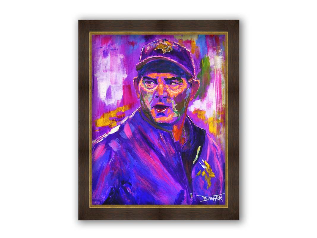 A portrait painting of Mike ZImmer as the head coach of the American football team the Minnesota Vikings. It is painted using a purple palette, the team's uniform color. Printed on canvas and framed.