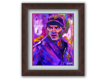 A portrait painting of Mike ZImmer as the head coach of the American football team the Minnesota Vikings. It is painted using a purple palette, the team's uniform color. Printed on paper, matted, and framed.